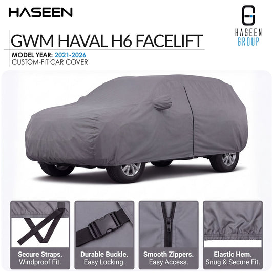 A gray custom-fit car cover shown on a car, with HASEEN branding and text reading 'GWM HAVAL H6 FACELIFT' and 'Model Year: 2021-2026'. Four small detail insets at the bottom show strap security, buckle durability, zipper smoothness, and elastic hem strength.