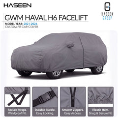 A gray custom-fit car cover shown on a car, with HASEEN branding and text reading 'GWM HAVAL H6 FACELIFT' and 'Model Year: 2021-2026'. Four small detail insets at the bottom show strap security, buckle durability, zipper smoothness, and elastic hem strength.