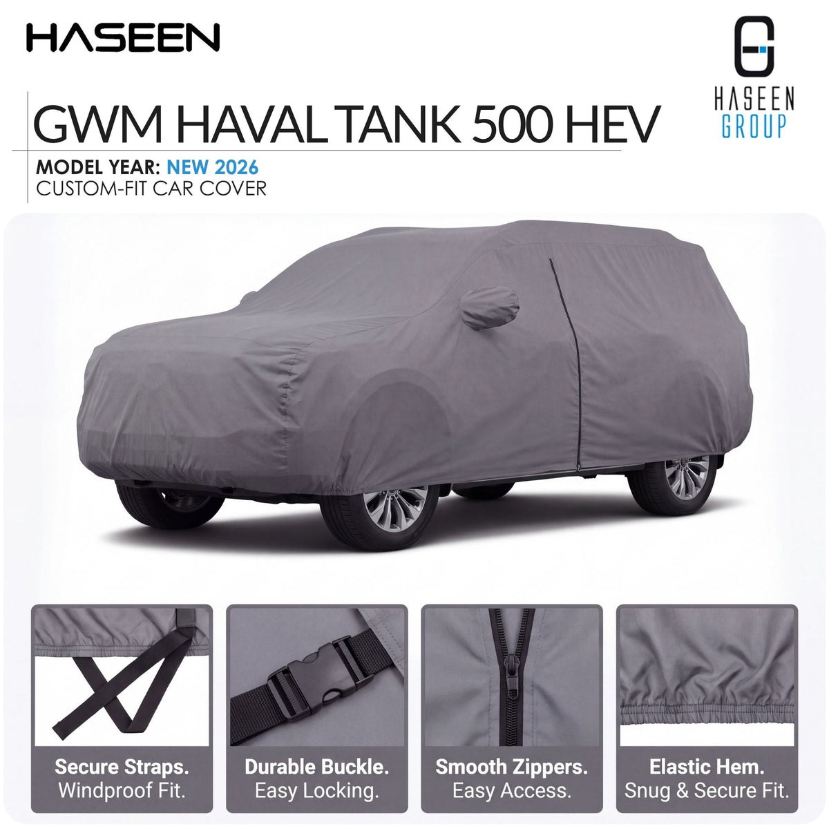 A gray custom-fit car cover shown on a white background, with the HASEEN brand logo at top left and HASEEN GROUP logo at top right. Large text reads 'GWM HAVAL TANK 500 HEV' and 'MODEL YEAR: NEW 2026 CUSTOM-FIT CAR COVER.
