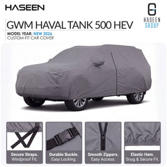 A gray custom-fit car cover shown on a white background, with the HASEEN brand logo at top left and HASEEN GROUP logo at top right. Large text reads 'GWM HAVAL TANK 500 HEV' and 'MODEL YEAR: NEW 2026 CUSTOM-FIT CAR COVER.