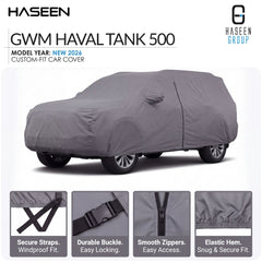 A gray custom-fit car cover shown on a white background, with the HASEEN brand logo at top left and HASEEN GROUP logo at top right. Large text reads 'GWM HAVAL TANK 500 PHEV' and 'MODEL YEAR: NEW 2026 CUSTOM-FIT CAR COVER.