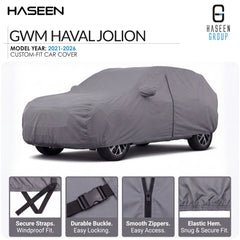 A gray custom-fit car cover shown on a car, with HASEEN branding and text reading 'GWM HAVAL JOLION' and 'Model Year: 2021-2026'. Four feature callout panels at the bottom highlight secure straps, durable buckle, smooth zippers, and elastic hem.