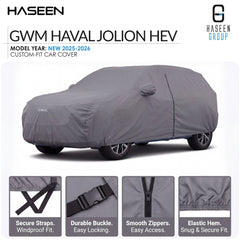 A gray custom-fit car cover shown on a car silhouette, with HASEEN branding and text reading 'GWM HAVAL JOLION HEV' and feature callouts along the bottom.