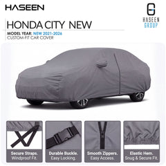 A gray custom-fit car cover shown on a white background, with the text 'HASEEN HONDA CITY NEW' at the top and four feature callout panels along the bottom describing secure straps, durable buckle, smooth zippers, and elastic hem.