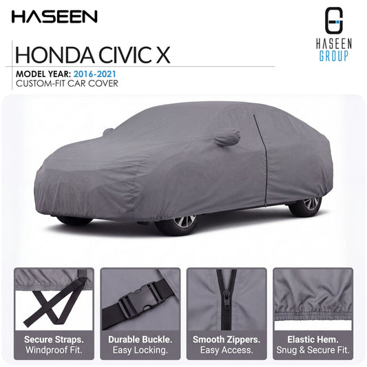 A gray custom-fit car cover shown on a Honda Civic X, with HASEEN branding and feature callouts along the bottom highlighting secure straps, durable buckles, smooth zippers, and elastic hem.