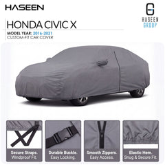 A gray custom-fit car cover shown on a Honda Civic X, with HASEEN branding and feature callouts along the bottom highlighting secure straps, durable buckles, smooth zippers, and elastic hem.