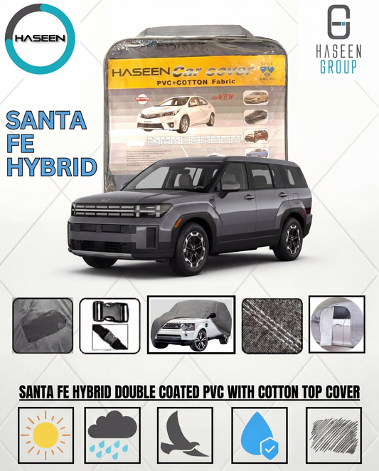 Hyundai Santa Fe Hybrid front exterior view SUV
White Hyundai Santa Fe Hybrid parked outdoors
Hyundai Santa Fe Hybrid luxury family SUV side profile
2026 Hyundai Santa Fe Hybrid premium SUV design
Hyundai Santa Fe Hybrid LED headlights close-up detail
Rear view of Hyundai Santa Fe Hybrid hybrid SUV
Hyundai Santa Fe Hybrid interior dashboard and infotainment
Hyundai Santa Fe Hybrid leather seats premium cabin
Hyundai Santa Fe Hybrid panoramic sunroof interior view
Hyundai Santa Fe Hybrid alloy wheels close-u