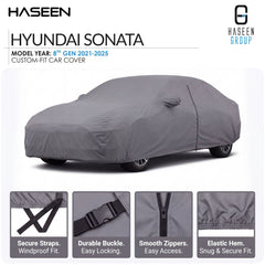 A gray custom-fit car cover shown on a Hyundai Sonata, with HASEEN branding and feature callouts along the bottom including secure straps, durable buckle, smooth zippers, and elastic hem.