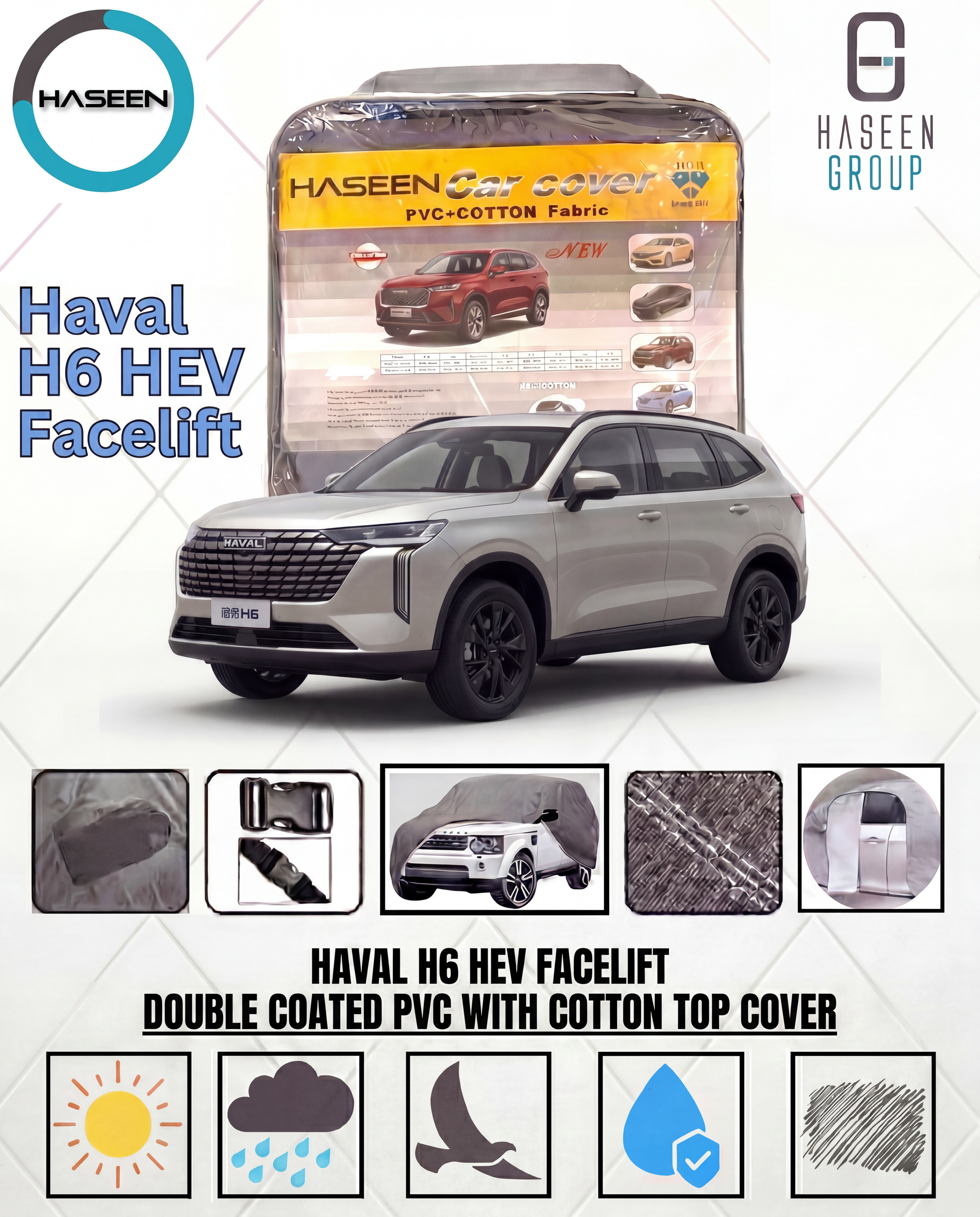 Haval H6 PHEV hybrid SUV front exterior view
White Haval H6 PHEV luxury crossover SUV
Haval H6 PHEV plug in hybrid side profile
2026 Haval H6 PHEV premium family SUV
Haval H6 PHEV modern LED headlights close-up
Rear view of Haval H6 PHEV hybrid SUV
Haval H6 PHEV interior dashboard and infotainment
Haval H6 PHEV leather seats luxury cabin
Haval H6 PHEV panoramic sunroof interior view
Haval H6 PHEV alloy wheels detailed shot
Haval H6 PHEV fuel efficient hybrid technology
Black Haval H6 PHEV parked outdoors
Ha