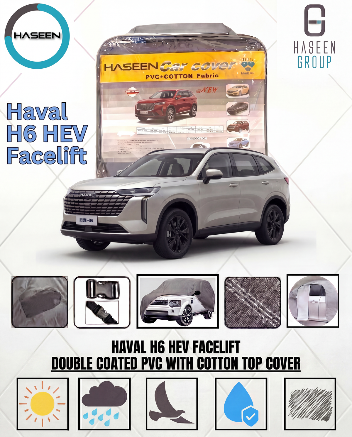 Haval H6 PHEV hybrid SUV front exterior view
White Haval H6 PHEV luxury crossover SUV
Haval H6 PHEV plug in hybrid side profile
2026 Haval H6 PHEV premium family SUV
Haval H6 PHEV modern LED headlights close-up
Rear view of Haval H6 PHEV hybrid SUV
Haval H6 PHEV interior dashboard and infotainment
Haval H6 PHEV leather seats luxury cabin
Haval H6 PHEV panoramic sunroof interior view
Haval H6 PHEV alloy wheels detailed shot
Haval H6 PHEV fuel efficient hybrid technology
Black Haval H6 PHEV parked outdoors
Ha