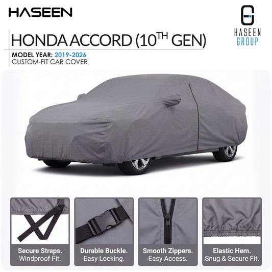 A gray custom-fit car cover shown draped over a Honda Accord (10th Gen) from 2019-2026. The image features the Haseen brand logo, product title text, and four detail inset images at the bottom highlighting the secure straps, durable buckle, smooth zippers, and elastic hem.