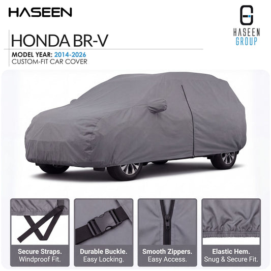A gray custom-fit car cover shown on a Honda BR-V, with the HASEEN brand logo at the top left and HASEEN GROUP at the top right. The image includes feature callout panels along the bottom highlighting secure straps, durable buckle, smooth zippers, and elastic hem.