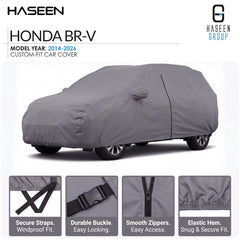 A gray custom-fit car cover shown on a Honda BR-V, with the HASEEN brand logo at the top left and HASEEN GROUP at the top right. The image includes feature callout panels along the bottom highlighting secure straps, durable buckle, smooth zippers, and elastic hem.
