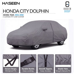 A gray custom-fit car cover shown on a white background, with the text 'HASEEN HONDA CITY DOLPHIN' at the top and four feature callout panels along the bottom describing secure straps, durable buckle, smooth zippers, and elastic hem.