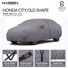 A gray custom-fit car cover shown on a car in a studio-style listing graphic for Haseen Honda City Old Shape. The image includes the Haseen Group logo, model year text (2009-2020), and four feature callout panels at the bottom highlighting secure straps, durable buckle, smooth zippers, and elastic hem.