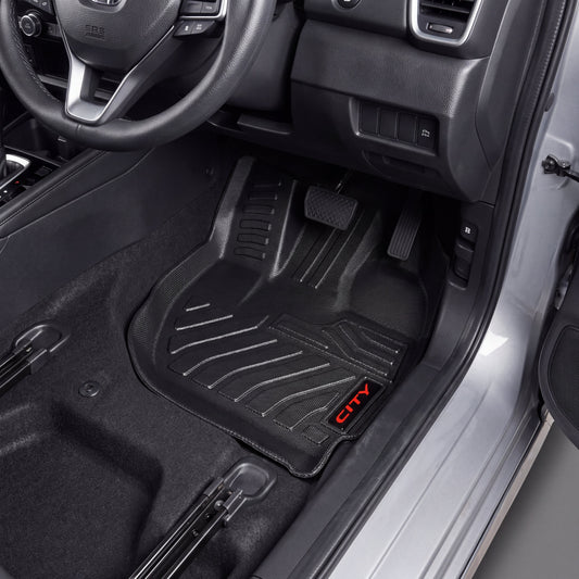 Haseen Honda City 2021-2026 9D TPE car floor mats installed – black waterproof mats with red City logo, Pakistan