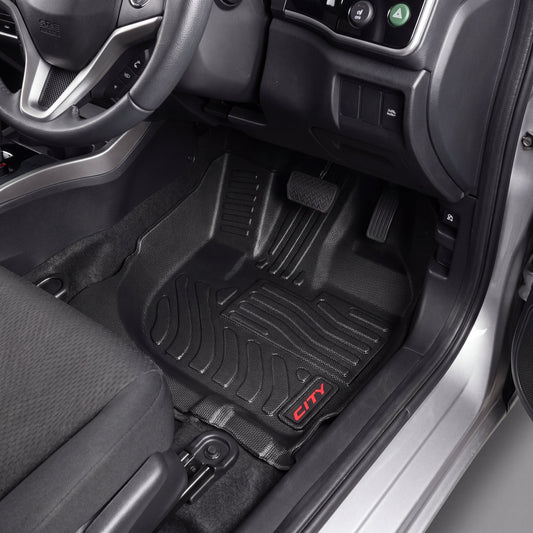 Haseen Honda City 2009-2020 9D TPE car floor mats installed – black heavy duty mats with red City logo, Pakistan