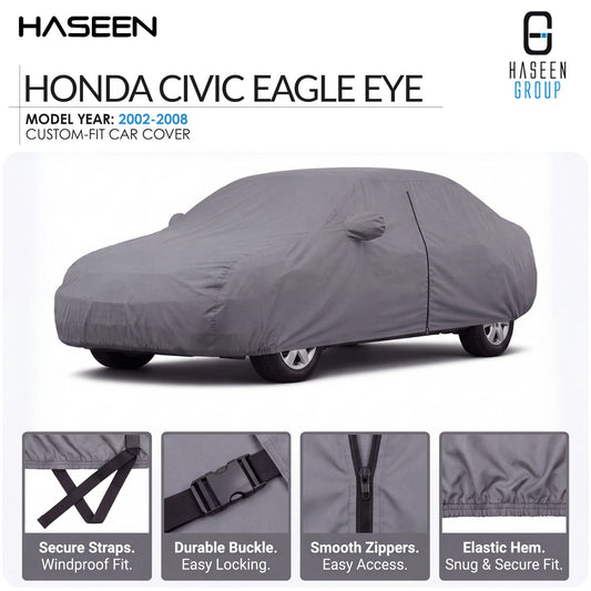 A gray custom-fit car cover shown on a white background, with the text 'HASEEN HONDA CIVIC EAGLE EYE' and 'MODEL YEAR: 2002-2008'. Four small inset detail images at the bottom show the cover's straps, buckle, zipper, and hem.