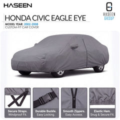 A gray custom-fit car cover shown on a white background, with the text 'HASEEN HONDA CIVIC EAGLE EYE' and 'MODEL YEAR: 2002-2008'. Four small inset detail images at the bottom show the cover's straps, buckle, zipper, and hem.