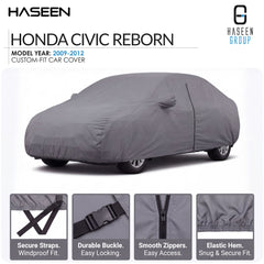 A gray custom-fit car cover shown on a car silhouette for a Honda Civic Reborn, with Haseen branding and feature callout panels along the bottom.