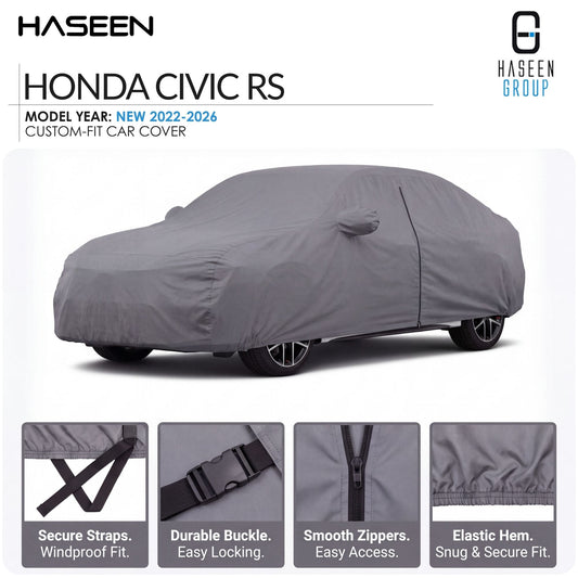 A gray custom-fit car cover shown on a white background, with the Honda Civic RS model text at top left and Haseen branding at top right. Four inset detail panels at the bottom highlight secure straps, durable buckle, smooth zippers, and elastic hem.