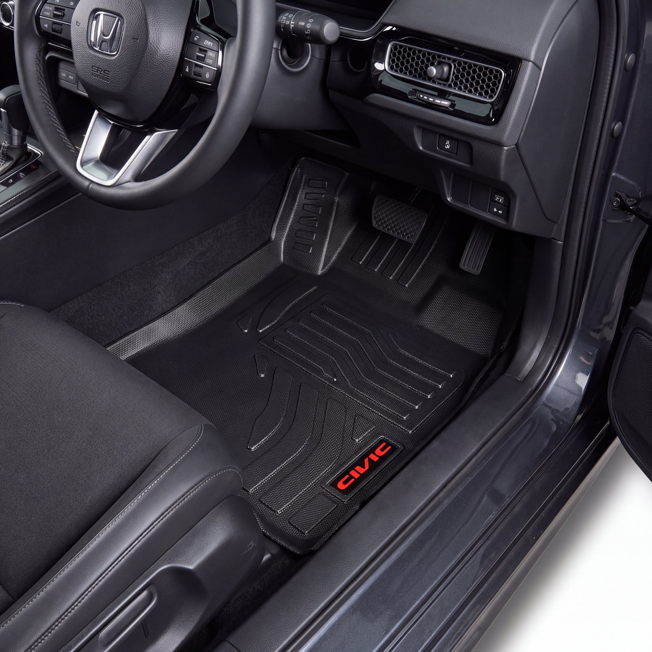 Haseen Honda Civic RS 2022-2026 9D TPE car floor mats installed – black mats with red Civic logo, Pakistan
