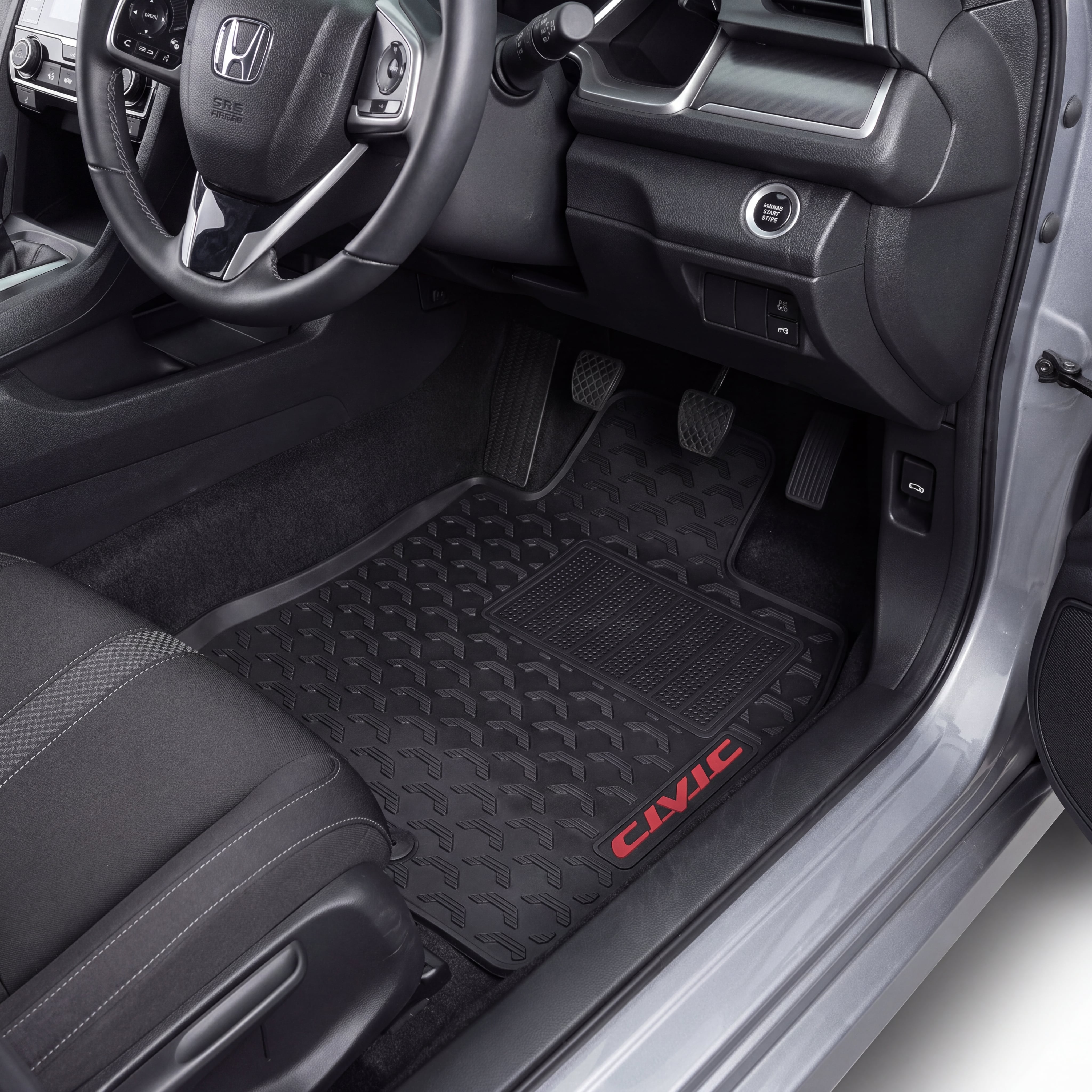 Black rubber car floor mats with a diamond-embossed pattern and red 'CIVIC' lettering, shown installed in the front passenger and driver footwells of a Honda vehicle.