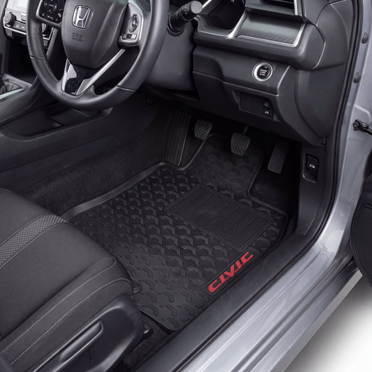 Black rubber car floor mats with a diamond-embossed pattern and red 'CIVIC' lettering, shown installed in the front passenger and driver footwells of a Honda vehicle.