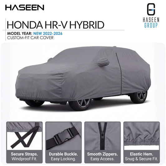 A gray custom-fit car cover shown on a Honda HR-V Hybrid, with feature callouts and close-up detail panels at the bottom. The Haseen brand logo is visible at the top.