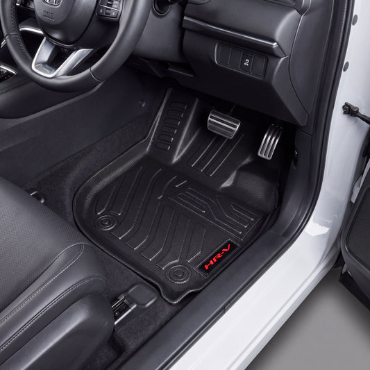 Haseen Honda HR-V 9D TPE car floor mats installed – black ridged mats with red HRV logo, Pakistan
