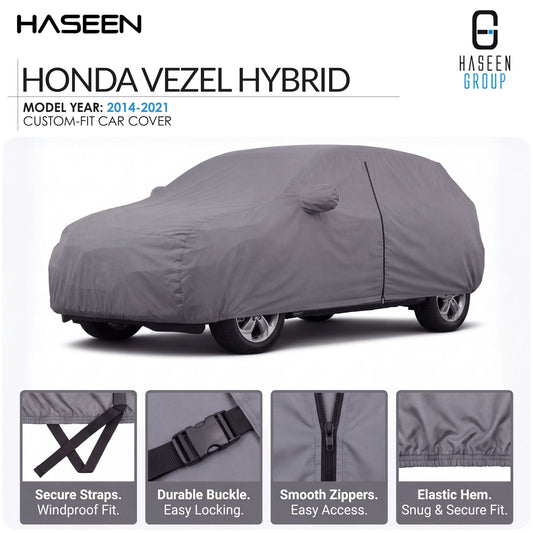 A gray custom-fit car cover shown on a white background, with the text 'HASEEN HONDA VEZEL HYBRID' at the top and four feature close-up panels along the bottom describing secure straps, durable buckle, smooth zippers, and elastic hem.