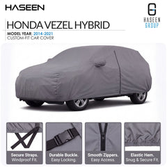 A gray custom-fit car cover shown on a white background, with the text 'HASEEN HONDA VEZEL HYBRID' at the top and four feature close-up panels along the bottom describing secure straps, durable buckle, smooth zippers, and elastic hem.