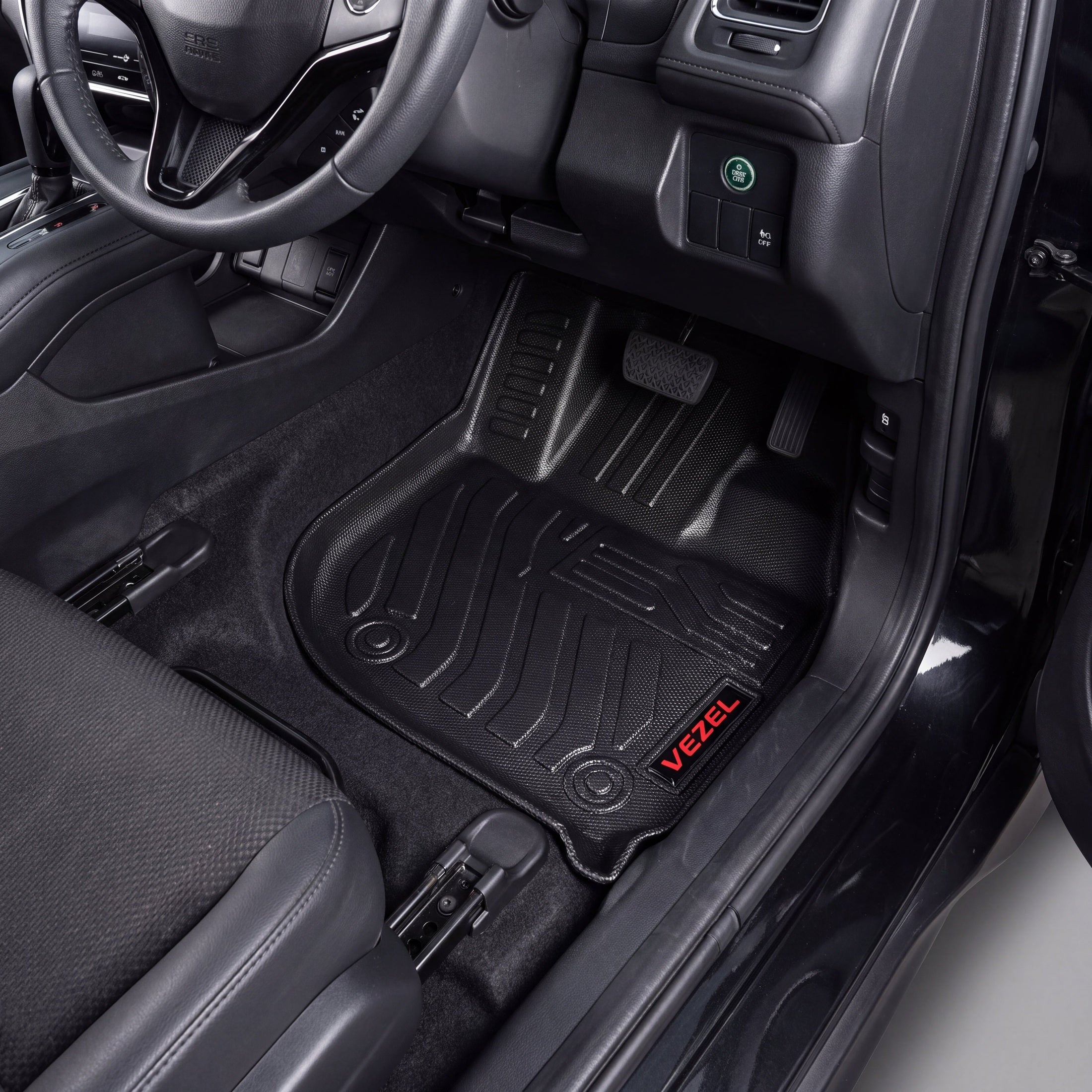 Haseen Honda Vezel 9D TPE car floor mats installed – black ridged mats with red Vezel logo, Pakistan