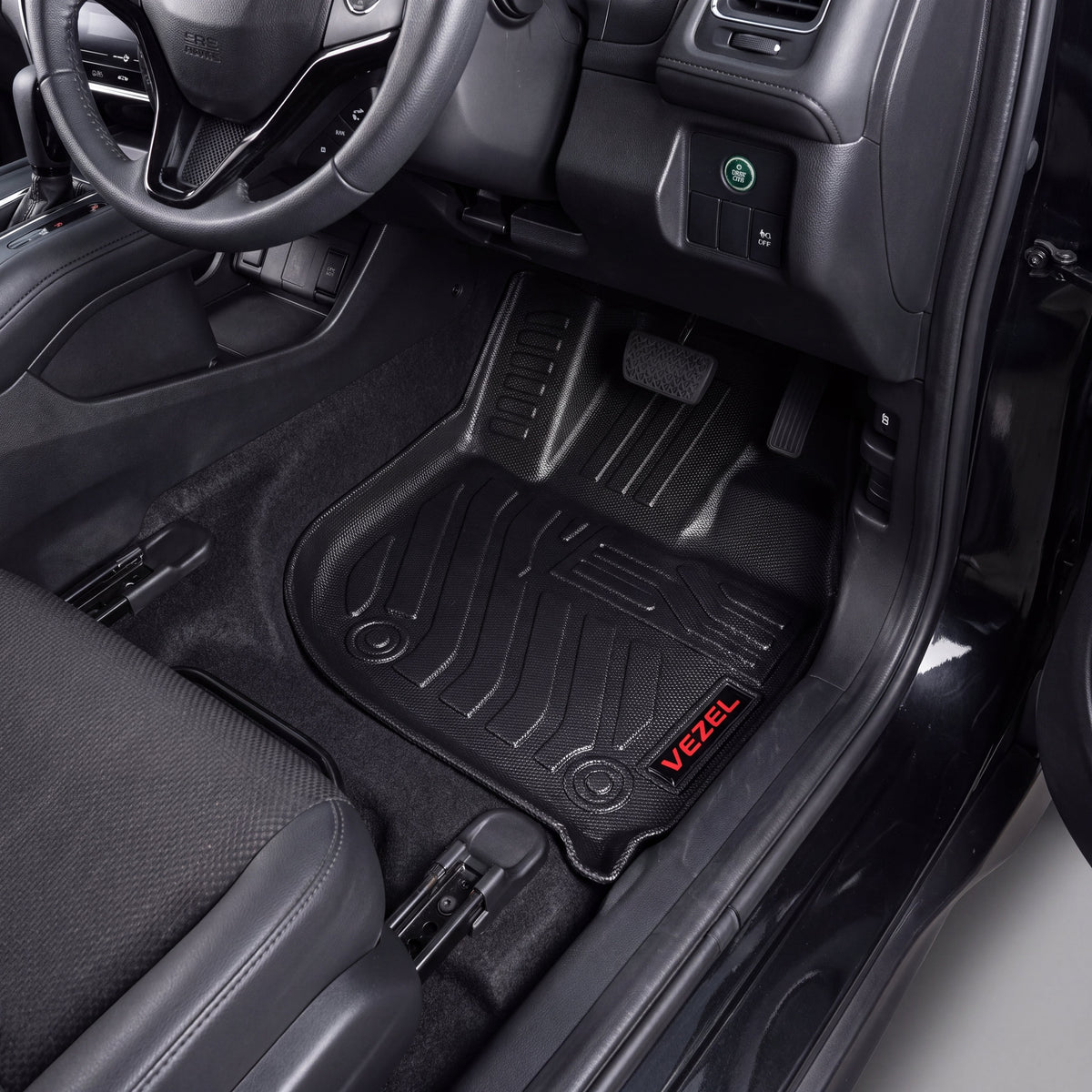Haseen Honda Vezel 9D TPE car floor mats installed – black ridged mats with red Vezel logo, Pakistan