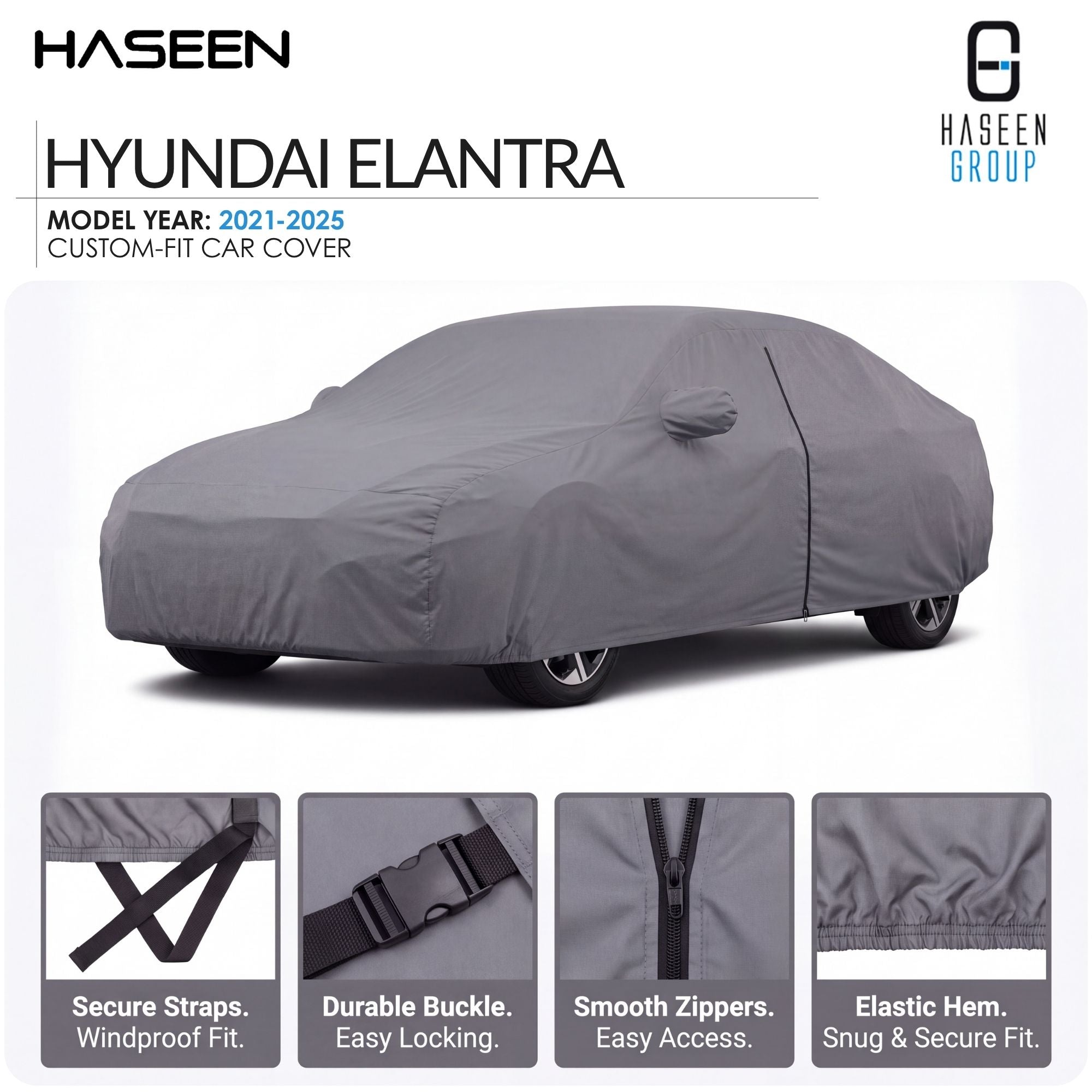 A gray Hyundai Elantra custom-fit car cover shown on a white background, with brand text at top and four feature callout panels along the bottom describing secure straps, durable buckle, smooth zippers, and elastic hem.