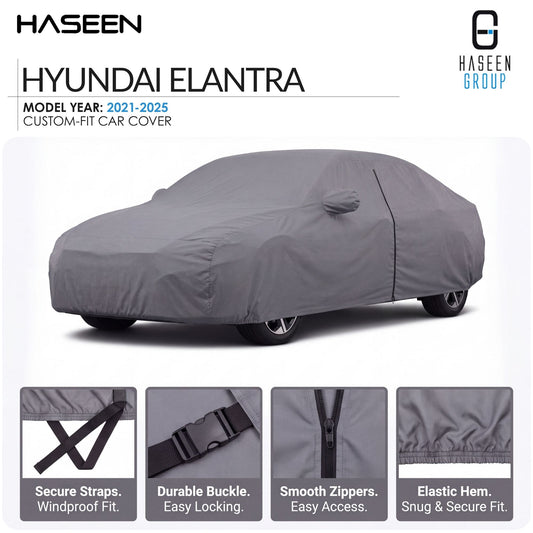 A gray Hyundai Elantra custom-fit car cover shown on a white background, with brand text at top and four feature callout panels along the bottom describing secure straps, durable buckle, smooth zippers, and elastic hem.