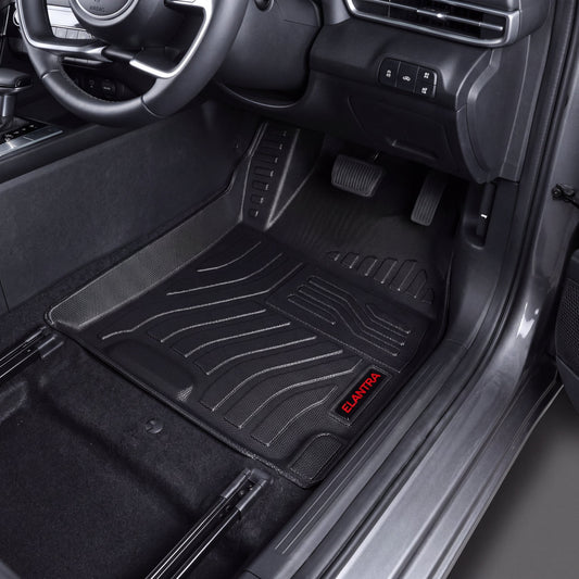 Haseen Hyundai Elantra 2021-2024 9D TPE car floor mats installed – black stitched mats with red Elantra logo, Pakistan