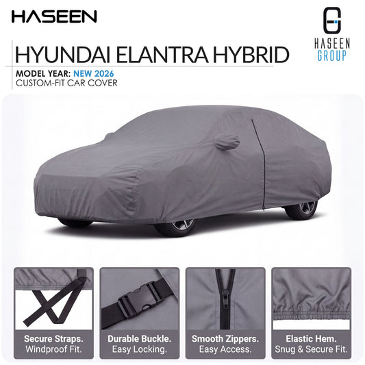 A gray custom-fit car cover shown on a white background, with the Hyundai Elantra Hybrid model indicated in the text. The image includes HASEEN GROUP branding and four feature callout panels at the bottom highlighting secure straps, durable buckle, smooth zippers, and elastic hem.