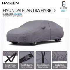 A gray custom-fit car cover shown on a white background, with the Hyundai Elantra Hybrid model indicated in the text. The image includes HASEEN GROUP branding and four feature callout panels at the bottom highlighting secure straps, durable buckle, smooth zippers, and elastic hem.