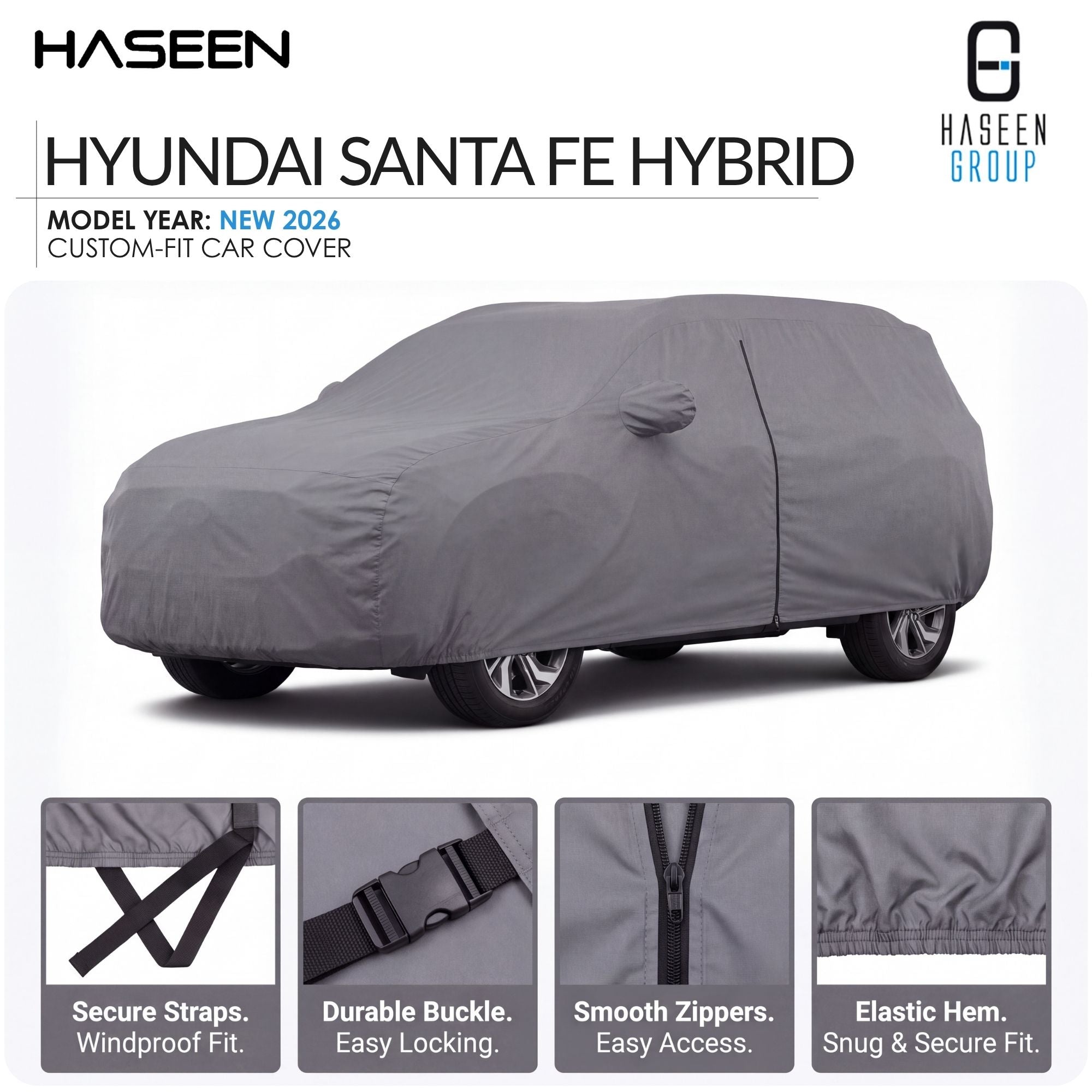 A gray car cover fitted on a Hyundai Santa Fe Hybrid, shown on a white background with Haseen branding and feature callout panels along the bottom.