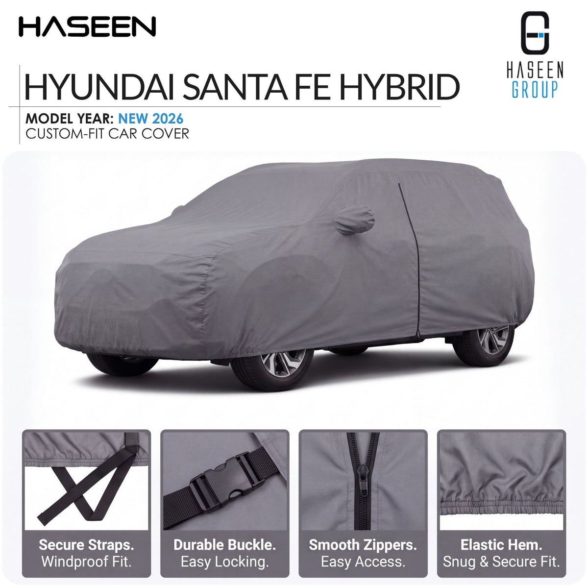 A gray car cover fitted on a Hyundai Santa Fe Hybrid, shown on a white background with Haseen branding and feature callout panels along the bottom.