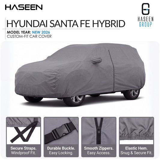A gray car cover fitted on a Hyundai Santa Fe Hybrid, shown on a white background with Haseen branding and feature callout panels along the bottom.