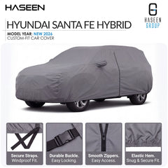 A gray car cover fitted on a Hyundai Santa Fe Hybrid, shown on a white background with Haseen branding and feature callout panels along the bottom.