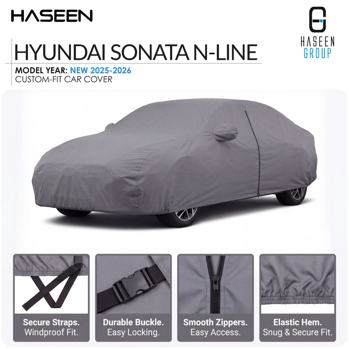 A gray custom-fit car cover shown on a white background, with the Hyundai Sonata N-Line text at the top and four feature callout panels along the bottom highlighting secure straps, durable buckle, smooth zippers, and elastic hem.