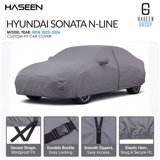 A gray custom-fit car cover shown on a white background, with the Hyundai Sonata N-Line text at the top and four feature callout panels along the bottom highlighting secure straps, durable buckle, smooth zippers, and elastic hem.