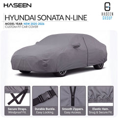 A gray custom-fit car cover shown on a white background, with the Hyundai Sonata N-Line text at the top and four feature callout panels along the bottom highlighting secure straps, durable buckle, smooth zippers, and elastic hem.