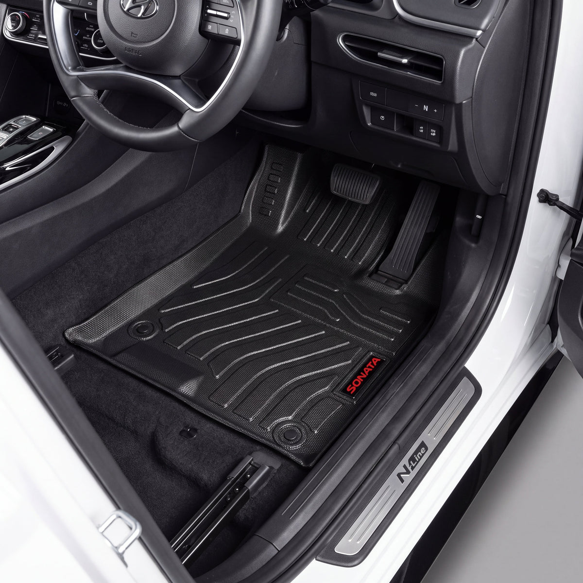 Haseen Hyundai Sonata N Line 9D TPE car floor mats installed – black ribbed waterproof mats, Pakistan
