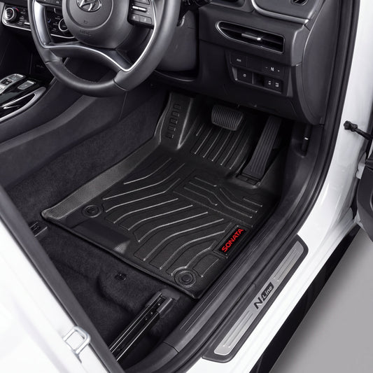 Haseen Hyundai Sonata N Line 9D TPE car floor mats installed – black ribbed waterproof mats, Pakistan