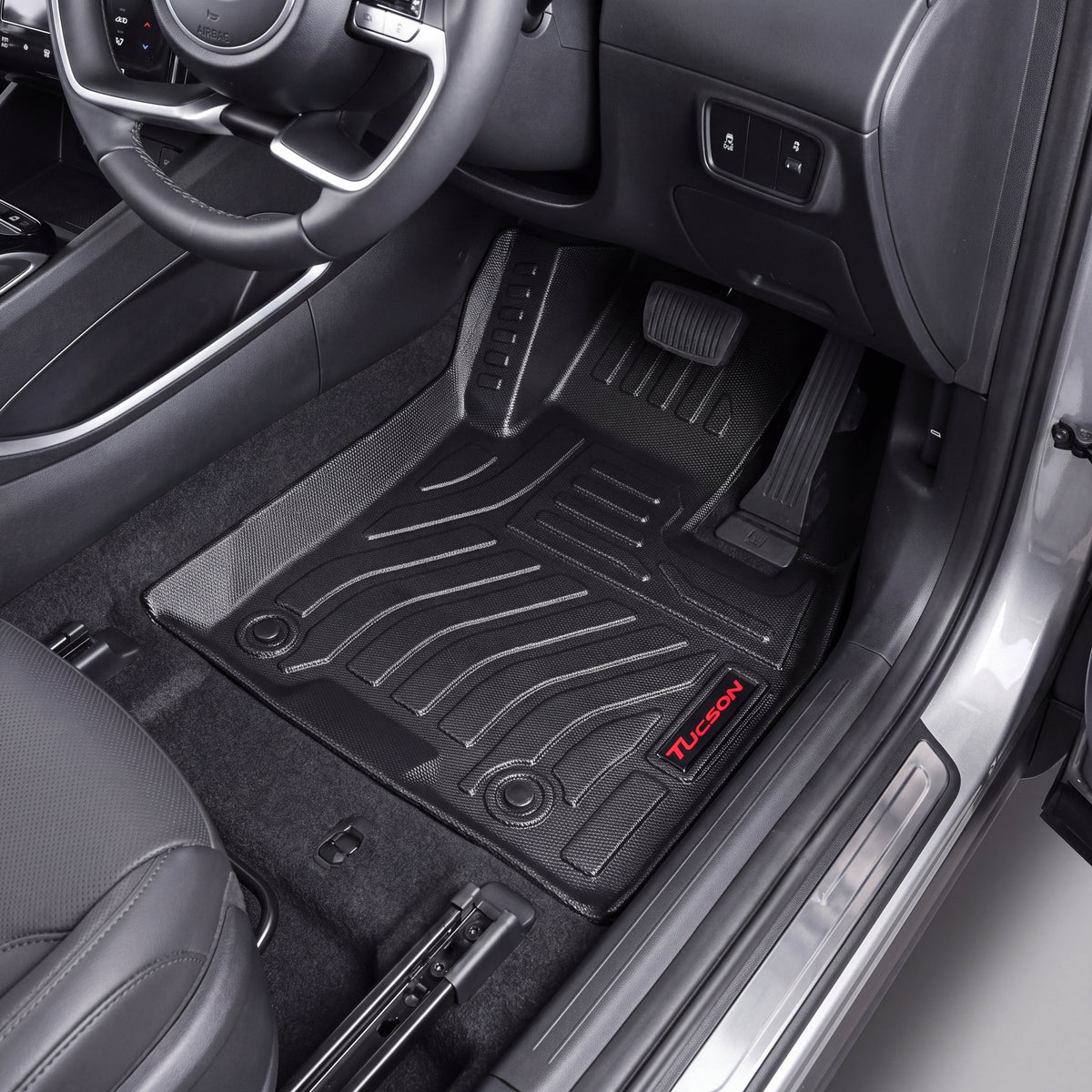 Haseen Hyundai Tucson 2019-2024 9D TPE car floor mats installed – black heavy duty mats with red Tucson logo, Pakistan