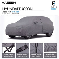 A gray custom-fit car cover shown on a Hyundai Tucson, with brand logos for HASEEN and Hyundai at the top and four feature close-up panels along the bottom highlighting secure straps, durable buckle, smooth zippers, and elastic hem.